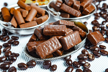 Assortment of delicious chocolate candies background. Chocolate candy isolated 