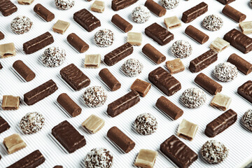 Assortment of delicious chocolate candies background. Chocolate candy isolated 
