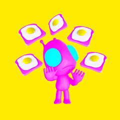 Minimalistic stylized collage art. 3d render Funny aliens and fried eggs. Food lover concept