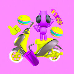Minimalistic stylized collage art. 3d render Funny aliens scooter food delivery concept
