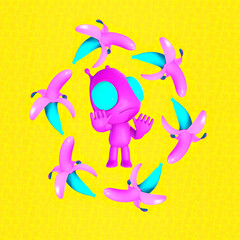 Fototapeta premium Minimalistic stylized collage art. 3d render. Funny aliens and pink bananas. Cosmic trendy vibes