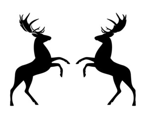 rearing up deer with big antlers - black vector silhouette design of rampant heraldic stag standing on hind legs