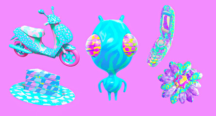 3d render sticker set creative funny Alien and stylish hipster objects Cosmic trendy vibes