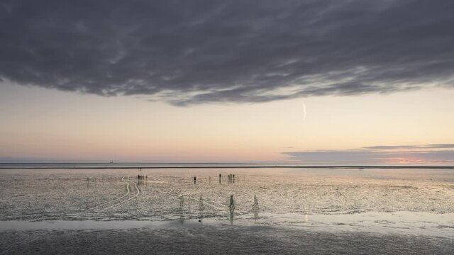 Timelapse of people silhouettes walking along the Wadden Sea in Buesum during sunset, reflecting in the wet sand, Germany
