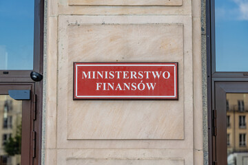 Sign on a building of Ministry of Finance in Warsaw, part of the government of Poland - obrazy, fototapety, plakaty