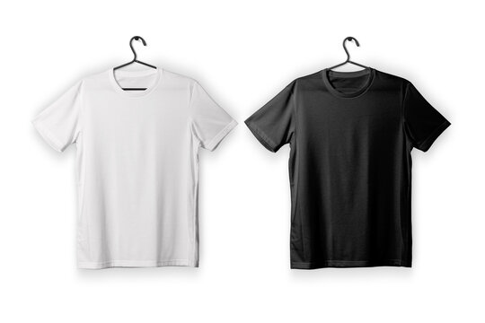Blank white and black t-shirt on a hanger isolated on white background. White and black t-shirt mockup template. 3d rendering.
