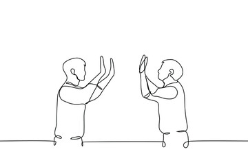two people hit the palms of friend to friend - one line drawing vector. high five concept, teammates, successful cooperation, symbiosis, friends, truce