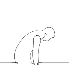 man bent his head and hands down - one line drawing vector. concept of devastation, fatigue, exhaustion, despair, loneliness, powerlessness, sadness, depression, curvature of the spine, back hump 