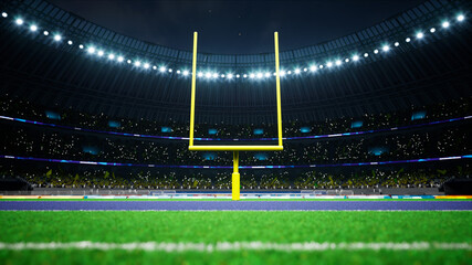 American football night stadium with fans iilluminated by spotlights waiting game. High quality 3d render  - obrazy, fototapety, plakaty