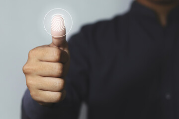 Fingerprint scan provides security access with biometrics identification. Business Technology Safety Internet Concept.