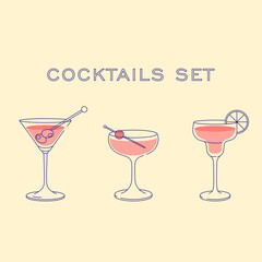 Cocktails set. Illustration isolated. Flat design style with color fill. Martini, cosmopolitan, cocktails