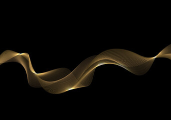 Abstract shiny golden wave or wavy lines with lighting on black background