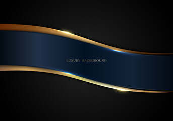 Abstract blue curve and gold stripes on black background luxury style