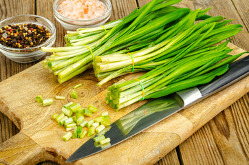 Green young shoots of Allium ursinum. Photo