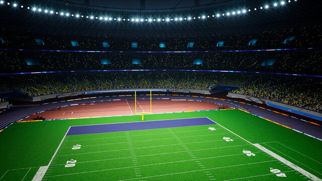 American football night stadium with fans iilluminated by spotlights waiting game. High quality 3d render 