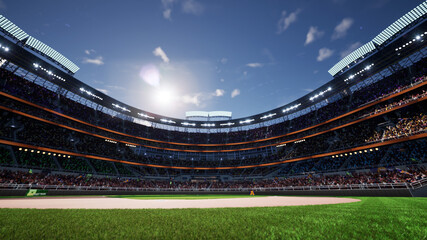empty baseball stadium arena with fans crowd in the sunny day lights. High quality 3d footage render