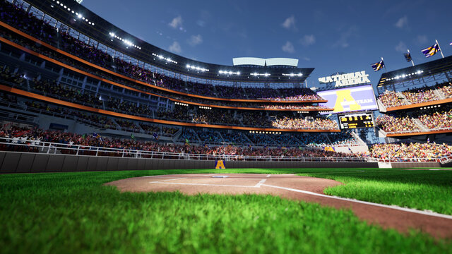 Empty Baseball Stadium Arena With Fans Crowd In The Sunny Day Lights. High Quality 3d Footage Render