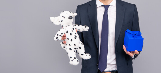 cropped businessman in suit with present box. shopping sale and discount.