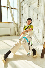 Fashionable teenage girl in green top with colorful accessory posing on chair