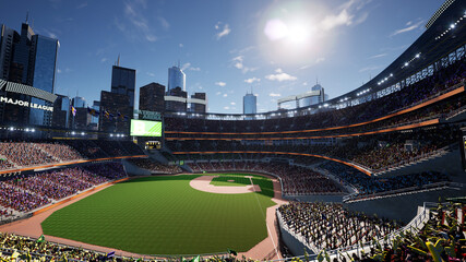 empty baseball stadium arena with fans crowd in the sunny day lights. High quality 3d footage render - obrazy, fototapety, plakaty