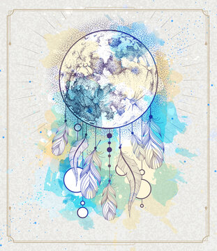 Modern magic witchcraft card with dream Catcher and full realistic moon on watercolor background. Vector illustration