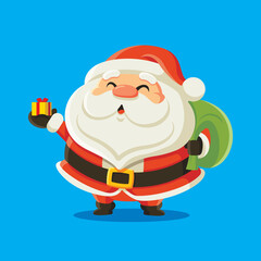 Merry Christmas. Santa Claus holding Christmas gift box present on hand and carrying a bag. Christmas character in vector