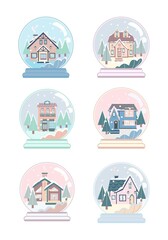 House and chrictmas tree in snow globe. Set of vector cartoon illustration