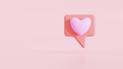 heart icon on a pink background, the concept of social media messages. 3D render illustration