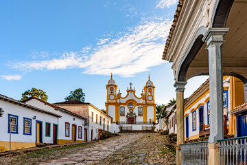 A quiet historic street in the city of Tiradentes in Minas Gerais with colonial houses and a...