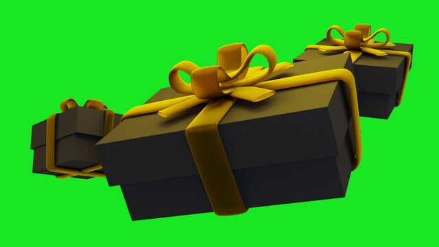 3d black friday zooming footage black gift box with gold ribbon with green screen background