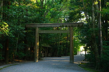 Ise Jingu Shrine Main Sanctuary Path and Torii Gate in Mie, Japan - 日本 三重県 伊勢神宮 外宮 参道 鳥居