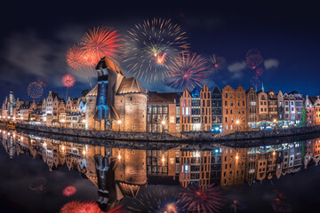 Fireworks in Gdansk (Poland) during New Year celebration - obrazy, fototapety, plakaty