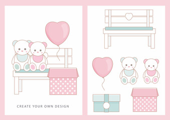 Two teddy bears sitting on the wooden bench set