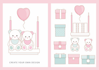 Two teddy bears sitting on the wooden swing set