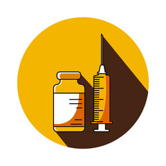 Sterile syringe with needle and dose vial. Antivirus injection icon. A yellow circle with a long brown shadow. Healthcare in modern flat design. Medical education. Vector.