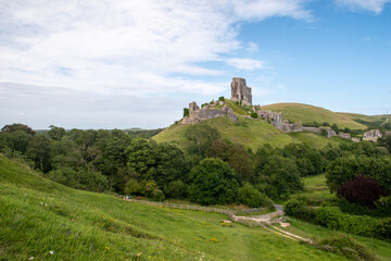 Fototapeta na wymiar View of Corfe Castle from West Hill in Dorset