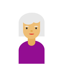 A grandmother with gray eyebrows and a dark jacket. 