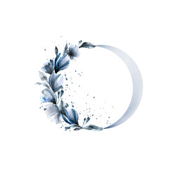 Watercolor round floral frame isolated on a white background. The crescent is silver. Abstract moon with flowers isolated on a white background. Phases. Astrology. Esoteric hand drawing. Illustration