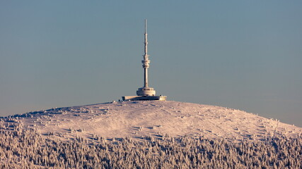 Praded transmitter tower in Jeseniky, Czech Republic, in winter.