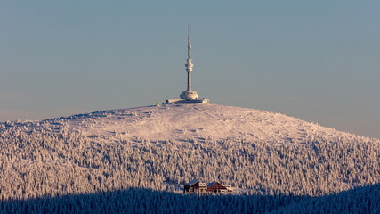 Praded transmitter tower in Jeseniky, Czech Republic, in winter.