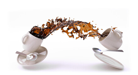 coffee spilling out of a mug into another isolated on white background, 3d rendering - 467561759