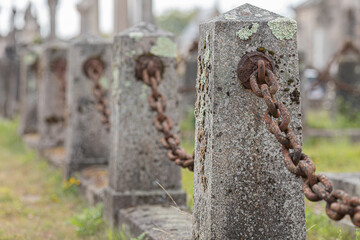 Old rusty chain connected to a concrete post