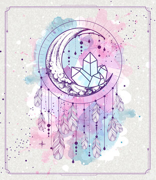 Modern magic witchcraft card with dream Catcher, crescent and crystal on watercolor background. Vector illustration