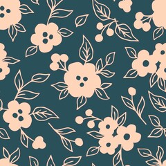 Delicate calm floral vector seamless pattern. Pink silhouette of flowers, twigs. leaves on a dark gray background. For printing on fabrics, textiles, packaging, clothing.
