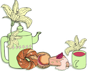 vector illustration tea still life,teapot,bun,cupcake and a piece of cake,a mug of tea,flowers,for postcard,card and invitation