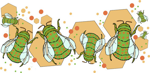 illustration  pattern set of colored cheerful bees,honey background with honeycombs,for wallpaper,fabric or furniture