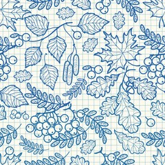 Fototapeta premium Autumn leaves seamless pattern Vector illustration of autumn leaves seamless pattern. Fall Autumn leaves Hello autumn, mountain ash, maple, oak, birch fall leaves 