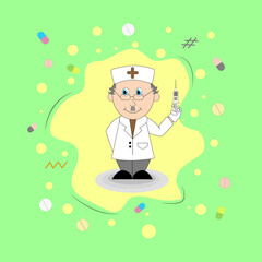 Doctor cartoon  with a syringe on a background of design elements