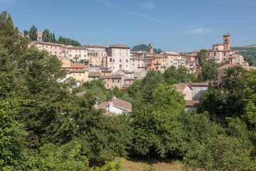 Pergola, Ancona. Panorama del centro storico di Pergola con chiesa e campanile di Santa Maria delle...