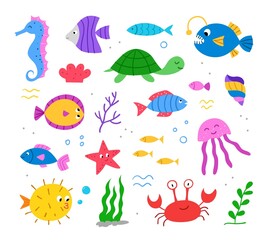 Set with cute hand drawn sea animals. Marine life. Vector flat illustration.